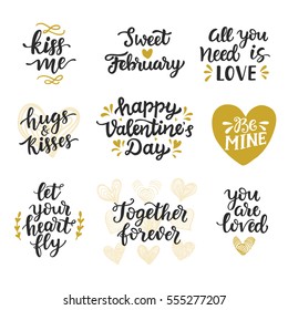 Love hand drawn quotes collection. Valentines day romantic phrases set. Handwritten brush lettering. Modern calligraphy Hugs and Kisses, Love is in the Air, You Rock. Be Mine. Kiss Me.