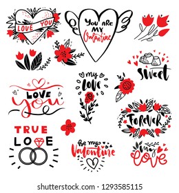 Love hand drawn quotes with doodle in vector. Set of love objects for Valentines Day in black and red. Folk style