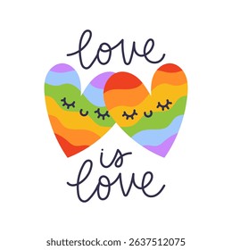 Love is love. Hand drawn rainbow hearts with hand written text