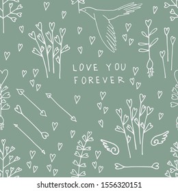 love hand drawn seamless vector pattern. fabric design, wrapping paper, background, wallpaper, surface and textile design. lovebirds, hearts, wings, arrows and fantasy plants. love symbols and signs. 