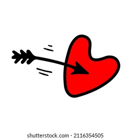 Love hand drawn sign. Heart with arrow icon doodle style. Vector illustration isolated on white background for sticker, card for marriage celebration, wedding invitation. Valentines day symbol.