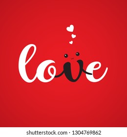 Love hand drawn text with v character holding all together. Happy romantic vector illustration.