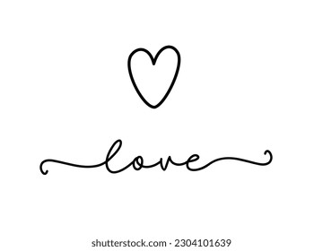 Love. Hand drawn typography word. Love with doodle heart. Print for tee, t-shirt, card, poster. Modern typography calligraphy script love text. Vector valentine day illustration.