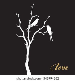 In love - hand drawn vector design with gold birds and heart on white background. Logos and emblems for invitation, greeting card, prints and posters