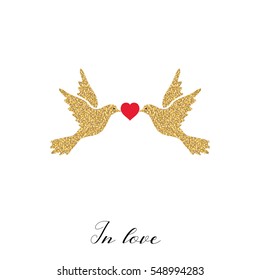 In love - hand drawn vector design with gold birds and heart on white background. Logos and emblems for invitation, greeting card, prints and posters