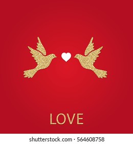 Love - hand drawn vector design with birds and gold heart on white background. Logos and emblems for invitation, greeting card, prints and posters.