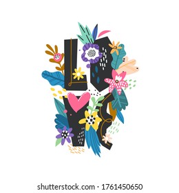 LOVE hand drawn vector lettering. Cute type with flowers. T shirt print, postcard, banner design element. Inscription with doodle flowers.