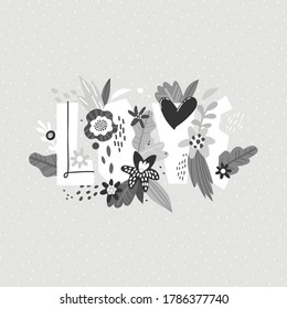AMAR las letras del vector dibujadas a mano. Cita con marco floral. Papel para camisetas, postal, elemento de diseño de pancartas. Inscripción con flores de doodle. Colores grises.