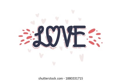 Love hand drawn vector lettering. Heart and letters isolated on white background. Valentine day, romantic holiday symbol. Philanthropy, social aid design element