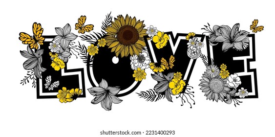 Love. Hand drawn vintage illustration. This illustration can be used as a greeting card for Valentine's day or wedding, as a print on t-shirts and bags, stationary or as a poster.