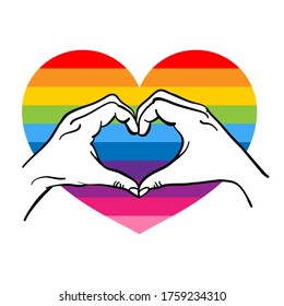 Love is love, hand heart shape - LGBT pride slogan against homosexual discrimination. Modern calligraphy with rainbow colored characters. Good for scrap booking, posters, textiles, gifts, pride sets.