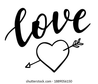 Love hand lettering with a broken heart doodle. St.Valentines Day vector for cards, banners, wrapping paper, posters, scrapbooking, pillow, cups and fabric design. 
