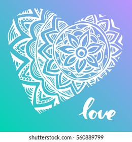 "love" hand lettering. calligraphy inscription  and mandala heart on blue background. Valentine card. Hand draw vector illustration