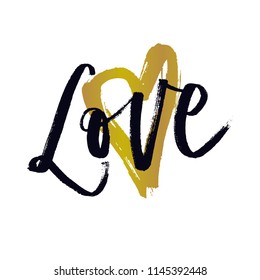 Love hand lettering decorated by gold heart isolated on white background. Valentine's Day vector design.Modern brush calligraphy. Phrase for card or poster.Vector (EPS10) quote great for photo overlay