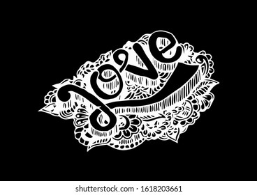 Love, hand lettering and doodle elements sketch.