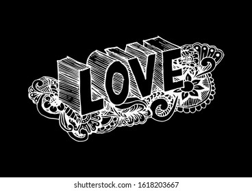 Love, hand lettering and doodle elements sketch.