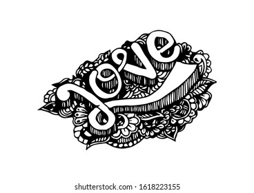 Love, hand lettering and doodle elements sketch.
