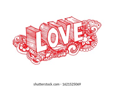 Love, hand lettering and doodle elements sketch.