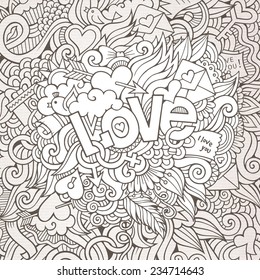 Love hand lettering and doodles elements sketch background. Vector illustration