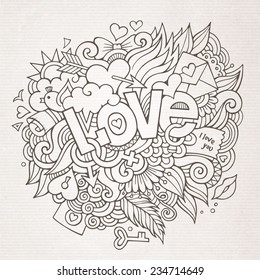 Love hand lettering and doodles elements sketch. Vector illustration