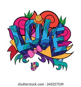 LOVE hand lettering and doodles elements  with colorful card or background.  Vector illustration.