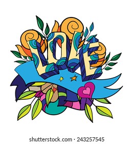 LOVE hand lettering and doodles elements  with colorful card or background.  Vector illustration.
