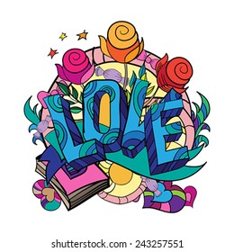 LOVE hand lettering and doodles elements  with colorful card or background.  Vector illustration.