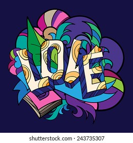 LOVE hand lettering and doodles elements  with colorful card or background.  Vector illustration.