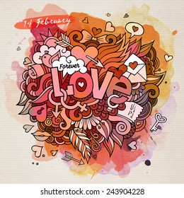 Love hand lettering and doodles elements. Vector watercolor illustration