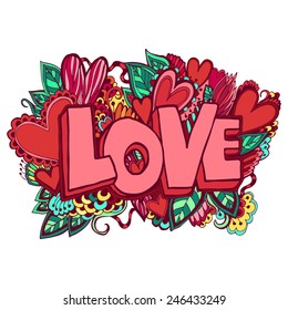 Love hand lettering and doodles elements sketch background. Vector illustration.