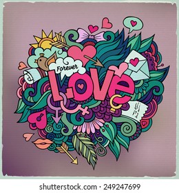 Love hand lettering and doodles elements. Vector illustration