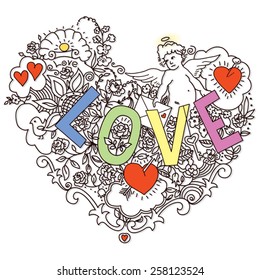 Love hand lettering and doodles elements sketch. Vector illustration.