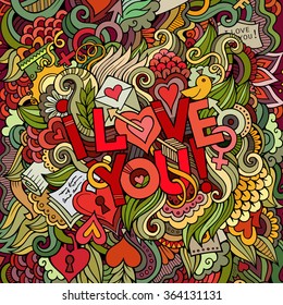 Love hand lettering and doodles elements background. Vector illustration