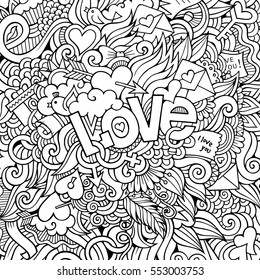 Love hand lettering and doodles elements sketch background. Vector illustration