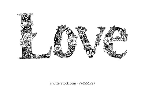 Love hand lettering and doodles elements background. Vector line art illustration Hand drawn design for you.