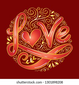 Love Hand lettering Handmade calligraphy on circle background.