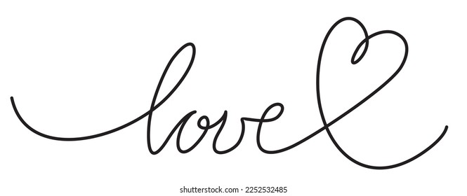 Love. Hand lettering inscription positive quote, calligraphy. Heart. Abstract love symbol. Continuous line art drawing vector illustration.