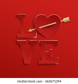 Love. Hand lettering. Paper style type with heart and arrow on red background. Vector illustration.