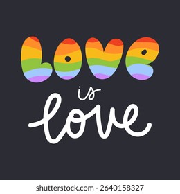 Love is love. Hand lettering in rainbow colors, isolated on black background