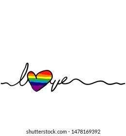 love hand lettering typography with thin line heart and rainbow illustration 