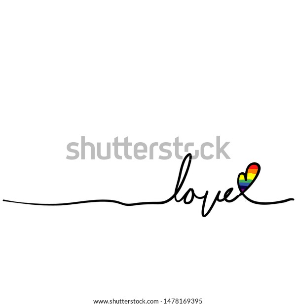 細い線の心と虹のイラストを使った手書きのタイポグラフィーを愛する のベクター画像素材 ロイヤリティフリー