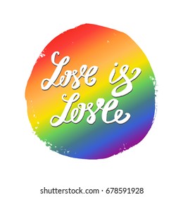 Love is love hand lettering written on a watercolor rainbow spectrum pride flag, isolated on white. LGBT rights concept. Modern poster, cards design