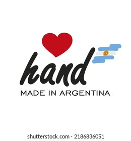 Mano de amor hecha en Argentina, logo, icono, sello, pegatina con bandera abstracta argentina