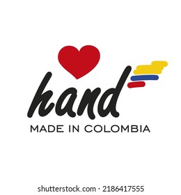 Love hand made in Colombia, logo, icon, stamp, sticker with abstract Colombia flag