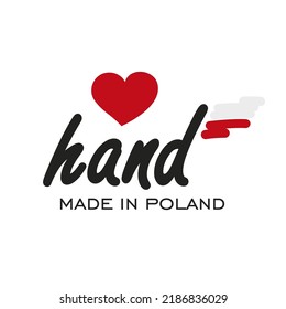 Mano de amor hecha en Polonia, logo, icono, sello, pegatina con bandera abstracta de Polonia