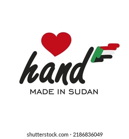 Love hand made in Sudan, logo, icon, stamp, sticker with abstract Sudan flag