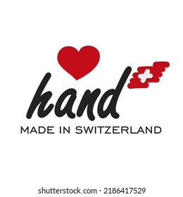 Mano de amor hecha en Suiza, logo, icono, sello, pegatina con bandera abstracta de Suiza