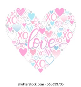 Love - Hand painted lettering with different hearts. Romantic heart illustration perfect for design greeting cards, prints, flyers,cards,holiday invitations and more. Vector Valentines Day card.