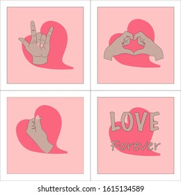 Love hand sign two styles and mini heart in pop art drawn vector concept. Romantic ,partnership heart lifestyles concept.
