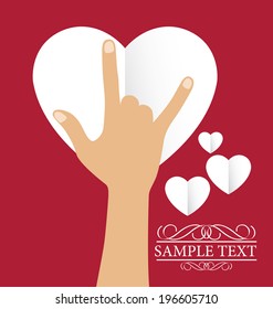 Love hand sign. White  paper heart Valentines day card on Red background.
